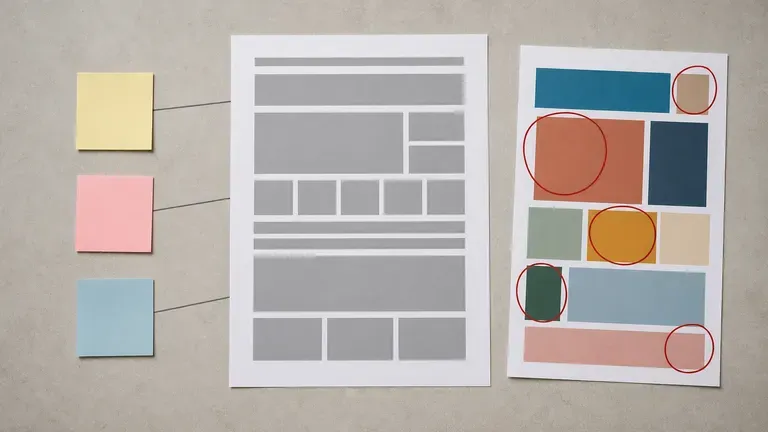 A brief document surrounded by a red-annotated design print and sticky notes on a desk