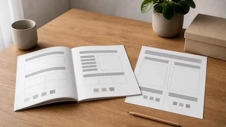 A freelance designer's desk with a brief document beside a blank quote-style notebook
