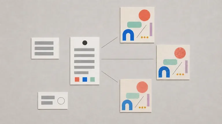 A prompt card surrounded by test renders and handwritten notes on a canvas
