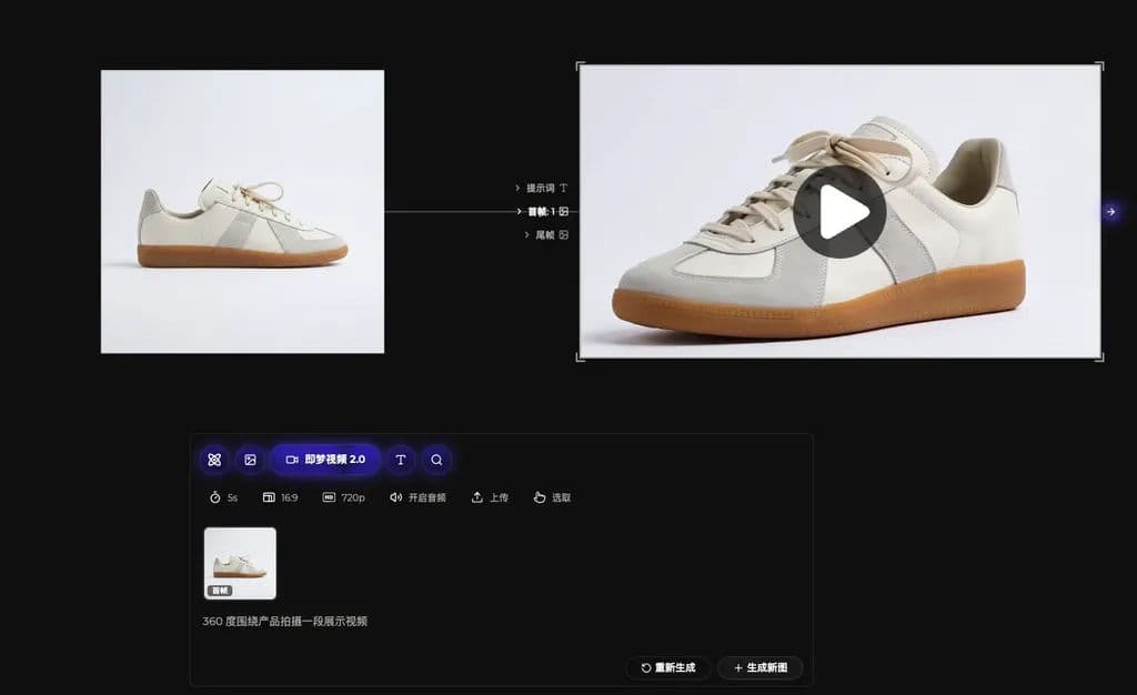 An image node connected to a video node, turning the still sneaker into a rotating shot