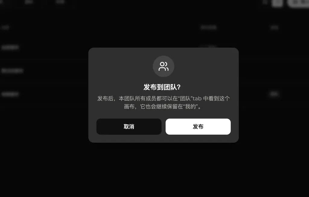 "Publish to team?" confirmation dialog over a dimmed list, with Cancel and Publish buttons