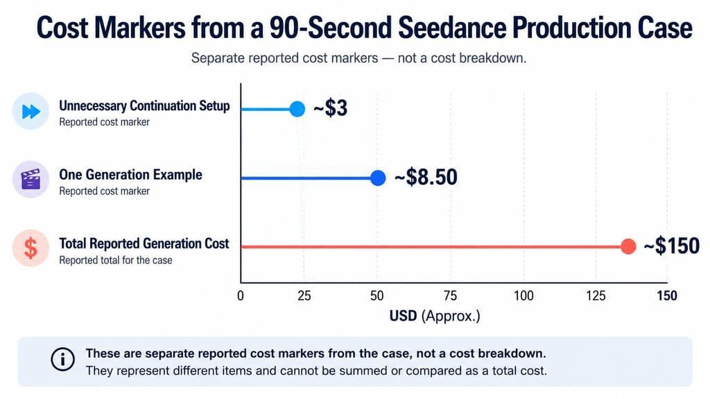 Lollipop cost chart showing approximately $3 wasted on an unnecessary continuation setup, about $8.50 for one generation example, and approximately $150 in total reported generation cost for a 90-second project.