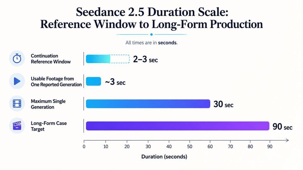 Horizontal duration chart comparing a 2–3 second continuation reference window, about 3 usable seconds from one reported generation, a 30-second maximum single generation, and a 90-second long-form production target.