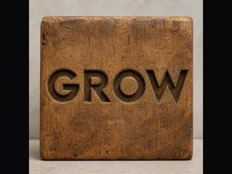 The word GROW carved into a wooden panel