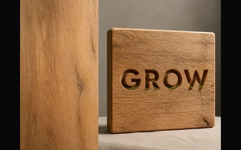 A wood reference beside the word GROW in carved lettering