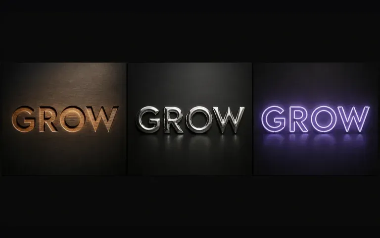 The word GROW explored in wood metal and neon styles