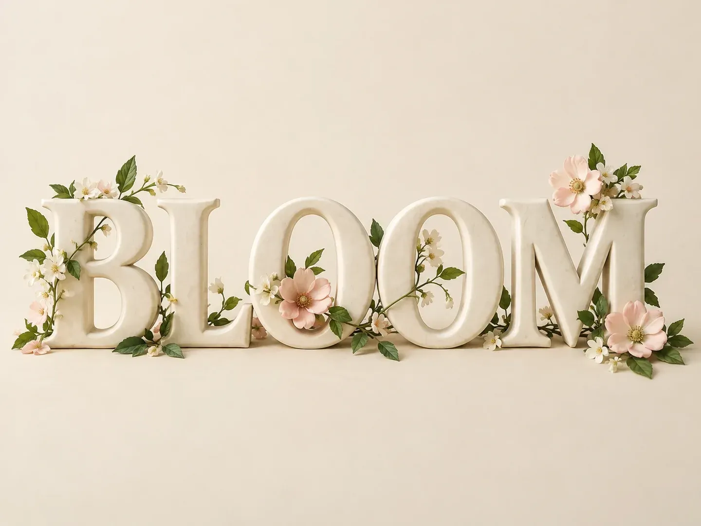 The exact word BLOOM in sculpted ivory lettering on a warm cream background