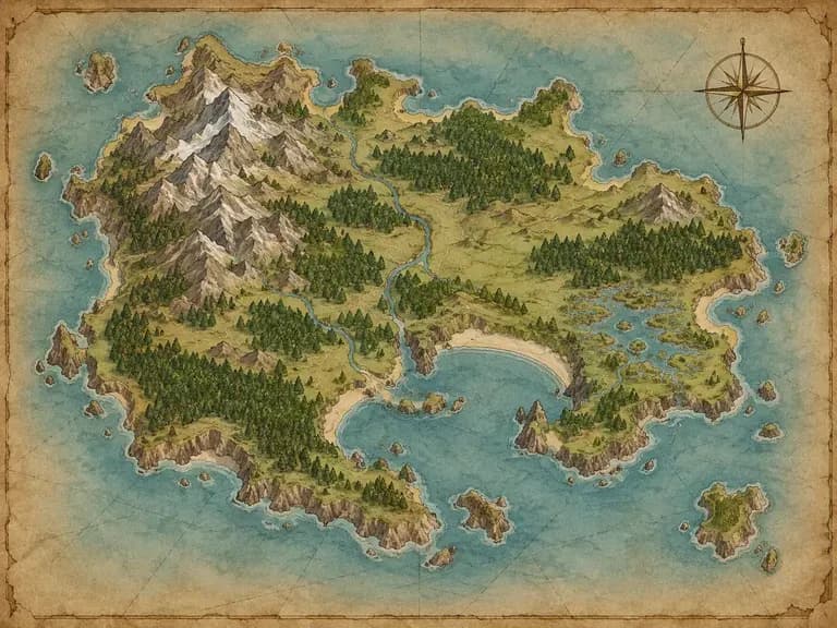 An original parchment island map with a sheltered harbor