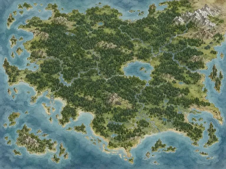 An original watercolor map dominated by dense forests