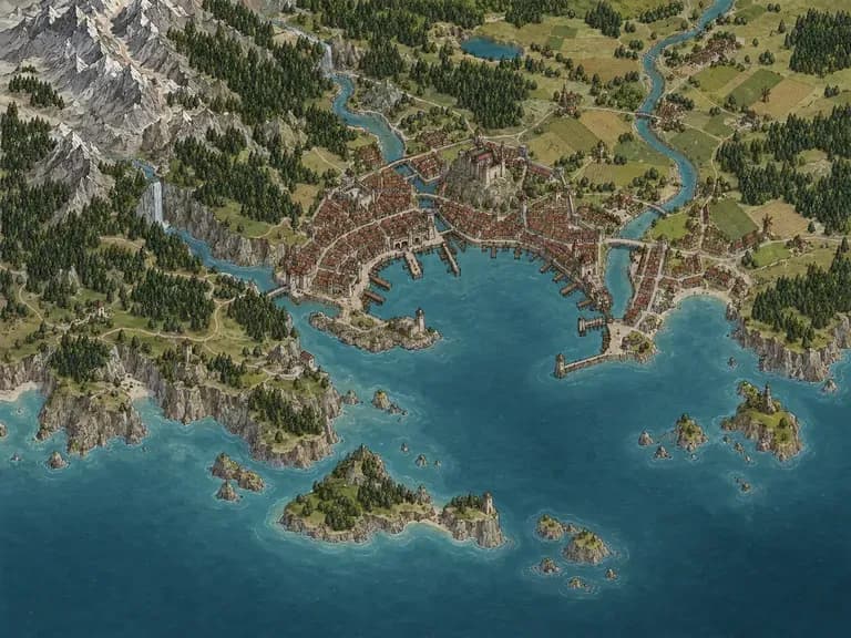 An original unlabeled illustrated port city map