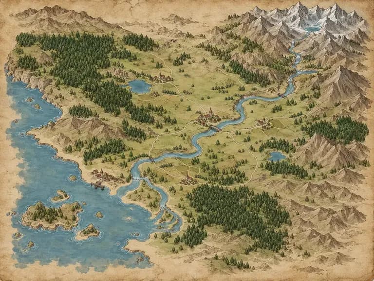 An original parchment valley map with a river and small villages