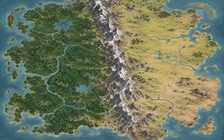 An unlabeled illustrated map with a mountain chain dividing forest and plains