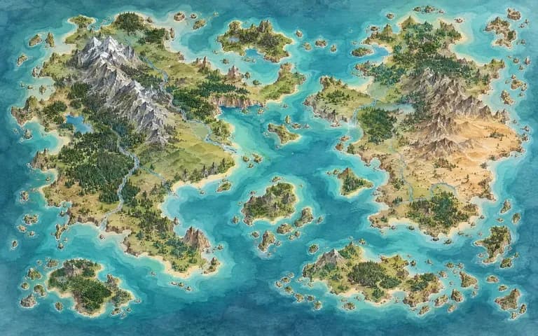 An original watercolor fantasy map of islands and turquoise channels