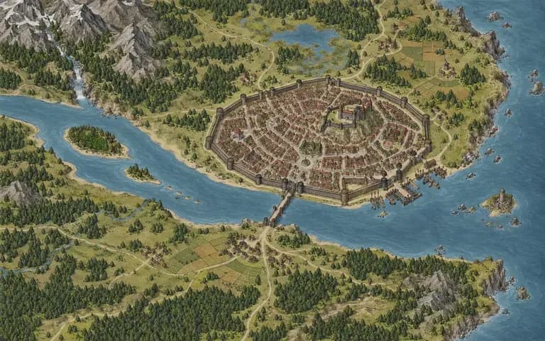 An original illustrated map of a walled city beside a river