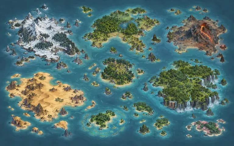An original stylized archipelago map with distinct island biomes