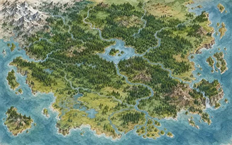 An original watercolor map of a forest realm