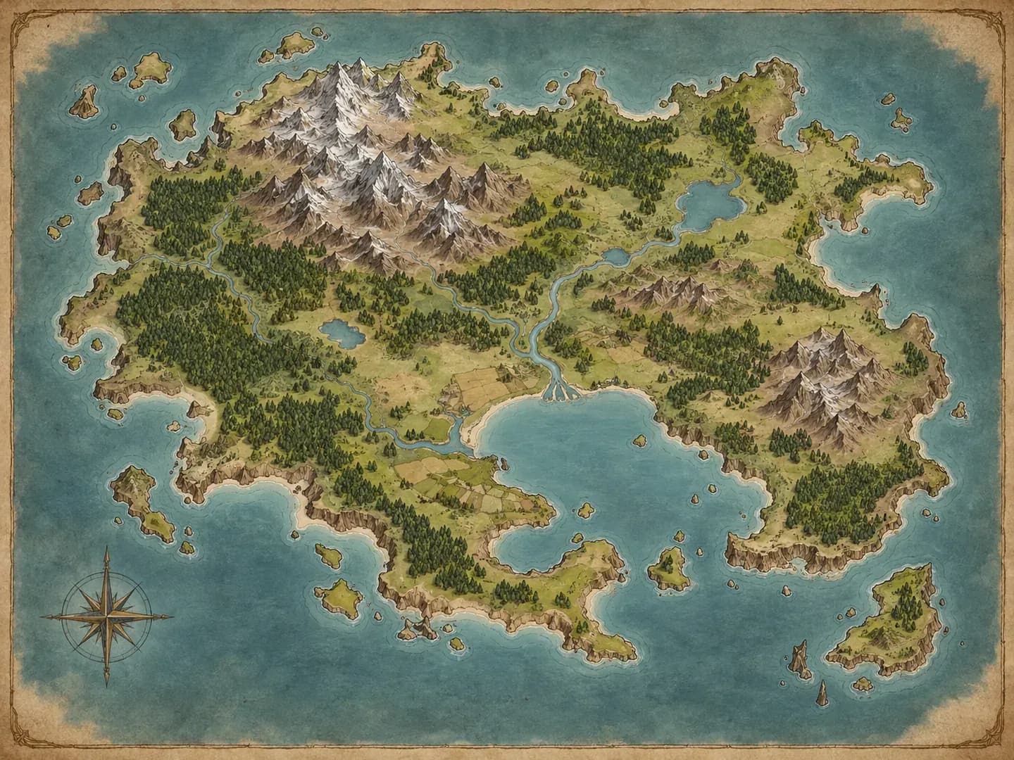 An original unlabeled parchment map of an island kingdom with mountains and a sheltered bay