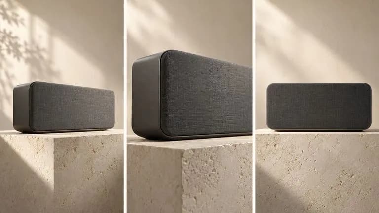 Concept illustration: Three-panel static storyboard concept of a graphite desk speaker on a limestone plinth: wide three-quarter opening view, slow-camera-move midpoint represented by a closer angle, centred front-on endin