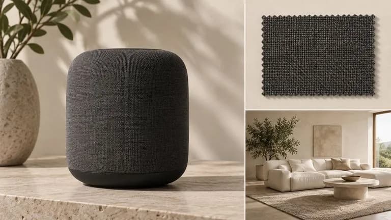 Concept illustration: A tidy physical reference board with a speaker product photograph, a graphite fabric swatch and a cream interior photograph, no interface and no legible writing