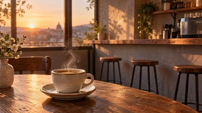 Concept illustration: Static scene concept: small ceramic cafe interior at dawn, espresso cup at foreground, steam rises softly, empty stools and warm window light; the image suggests ambient sound without sound icons or U