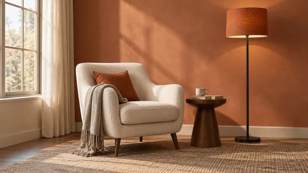 Concept illustration: reading corner, muted rust fabric floor-lamp shade on slim black stand, cream chair, walnut side table, warm wall, natural upper-left window light, eye-level view