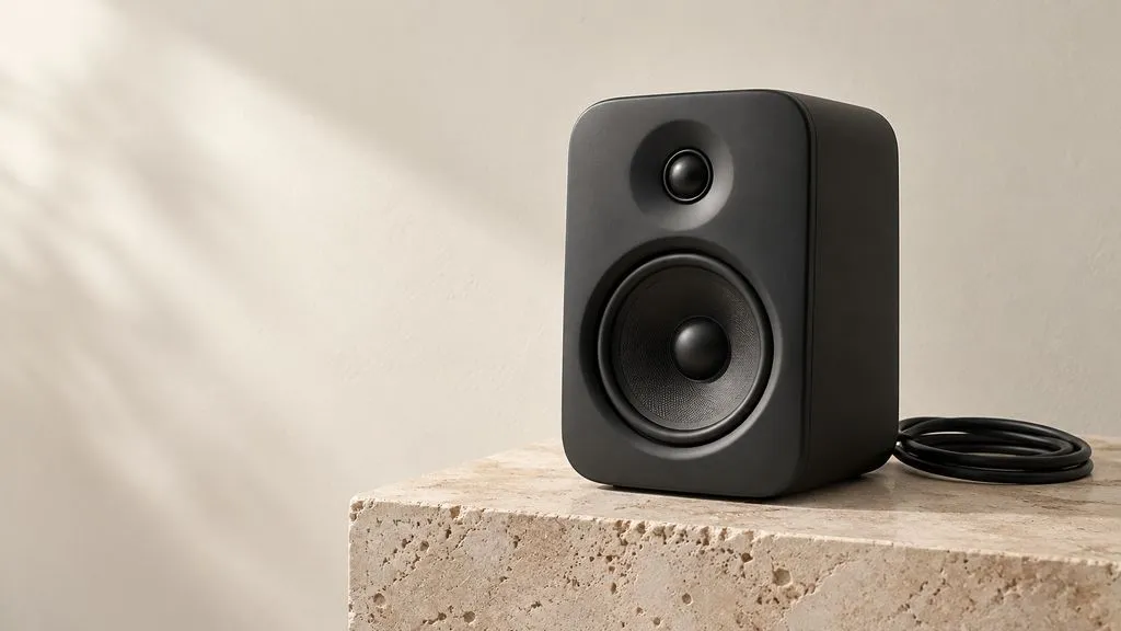 Concept illustration: matte graphite desk speaker on warm limestone plinth in the right half, coiled black cable at base, plain cream wall fills left third, soft upper-left light, eye-level 16:9