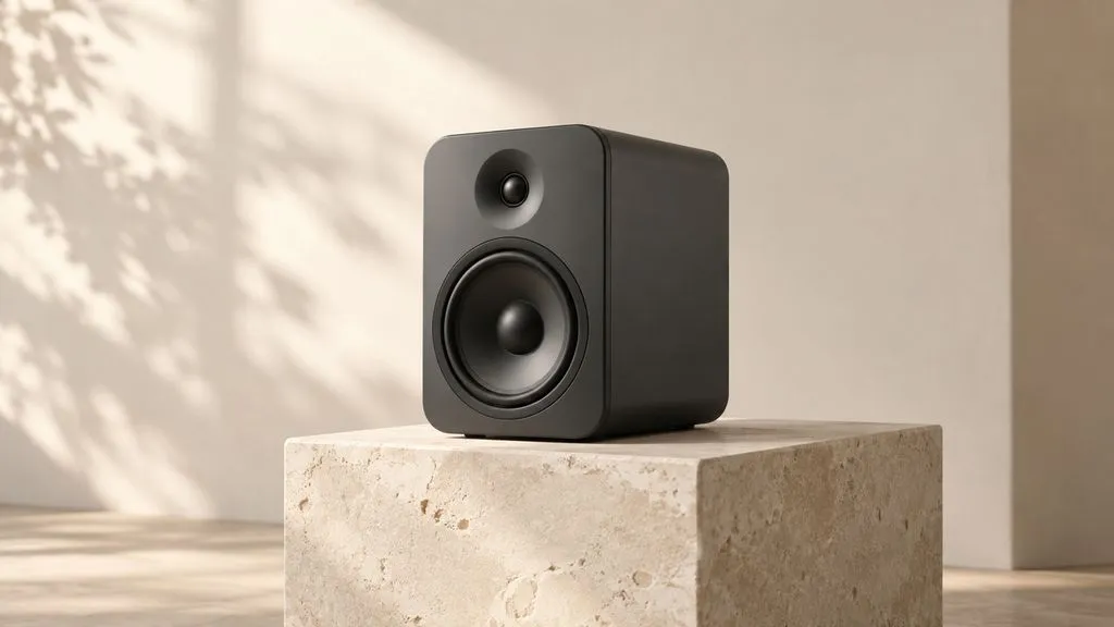 Concept illustration: matte graphite desk speaker on limestone plinth against cream wall, three-quarter view toward front, soft upper-left light, spacious quiet room. No text, logos, player, arrows or visible soundtrack. T