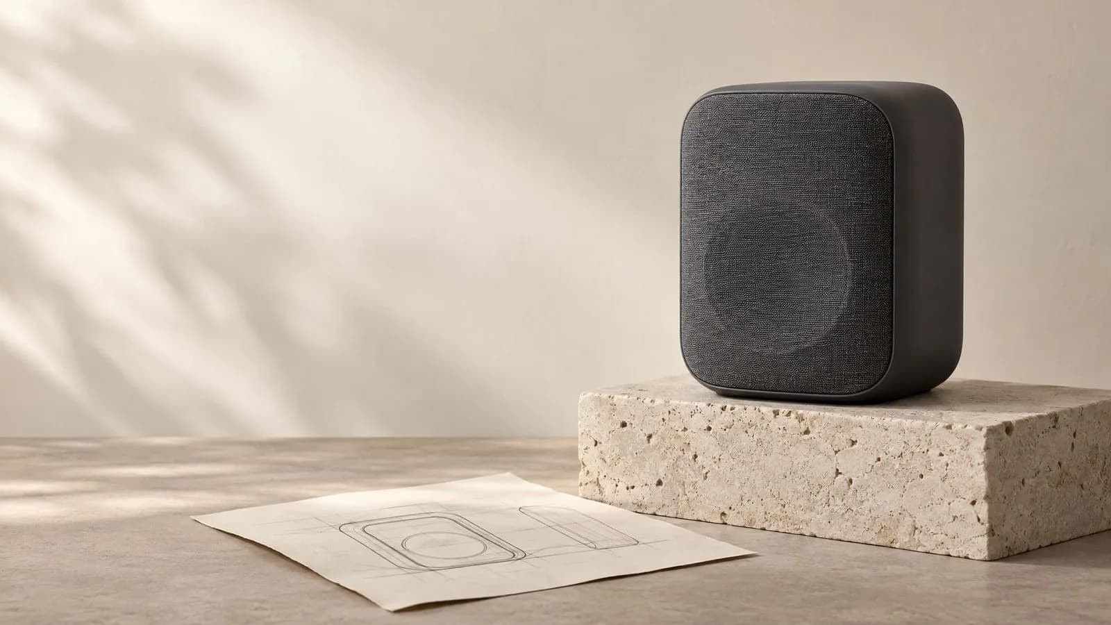 Concept illustration: A graphite desk speaker on a limestone plinth at right, empty cream wall at left, a subtle physical paper composition sketch lying at the base, editorial product photography
