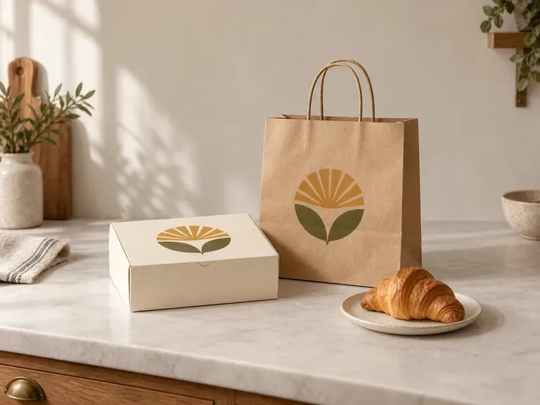 Bakery Packaging Sets: pastry boxes and takeaway bags shown with one identity
