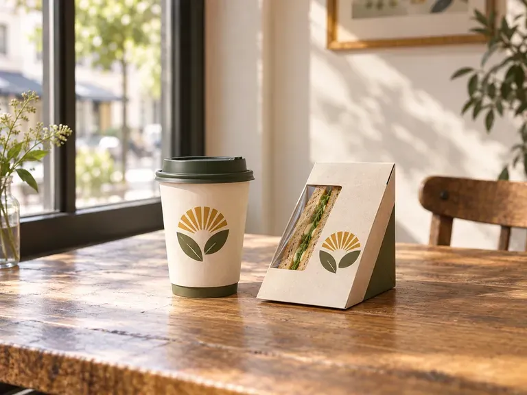 Cafe Takeaway Concepts: cups and food packaging arranged as a branded set