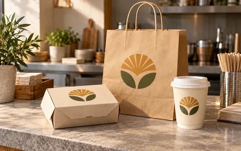 A restaurant's box, bag and cup presentation