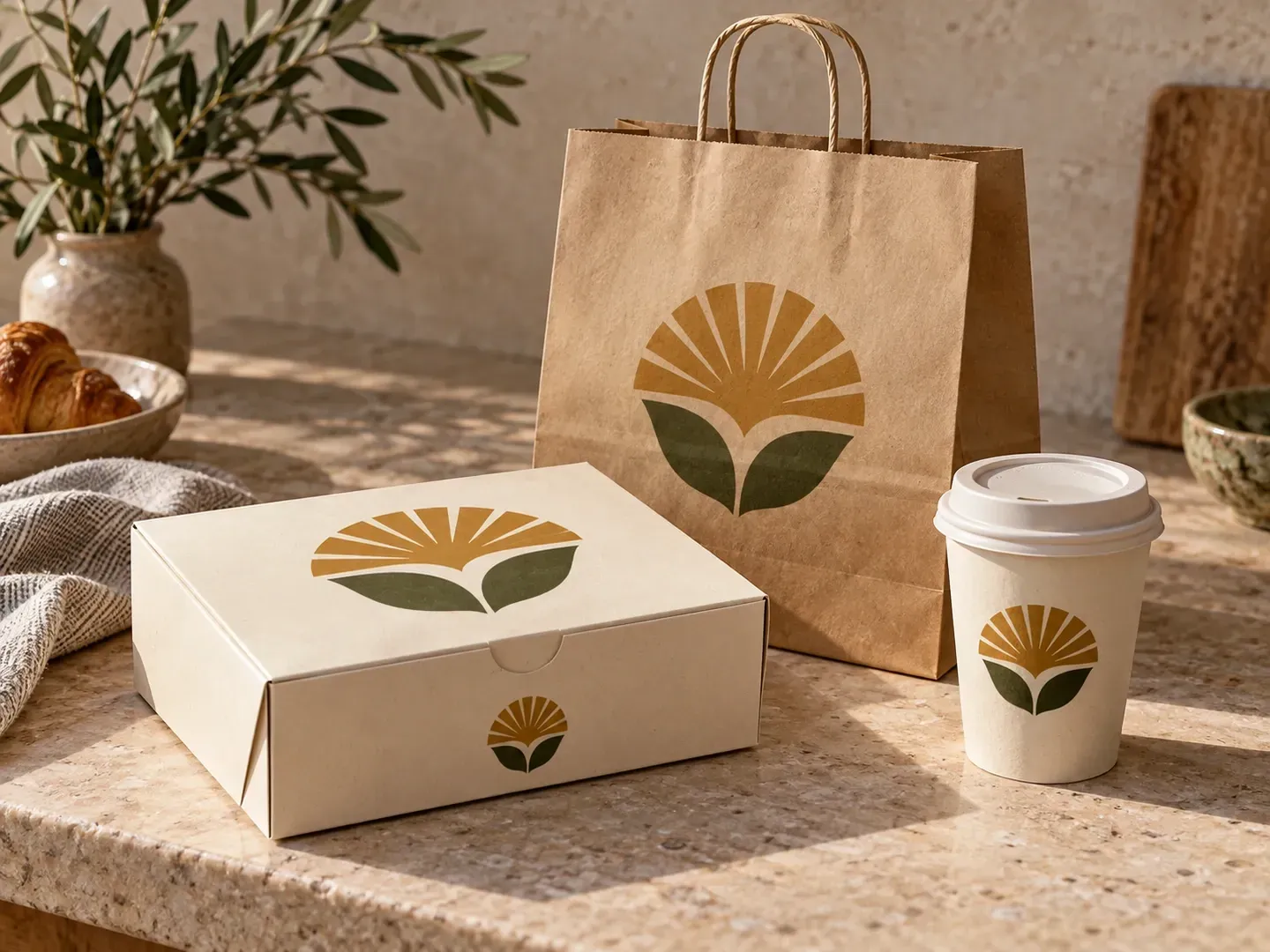 One food brand shown across a box, bag and cup