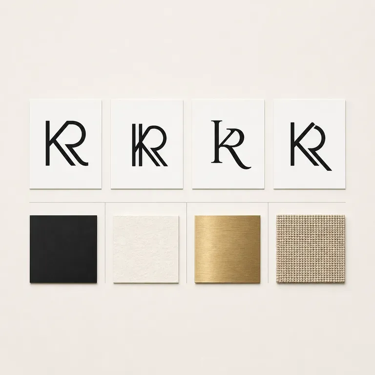 Four monogram directions laid out beside their colour and material references