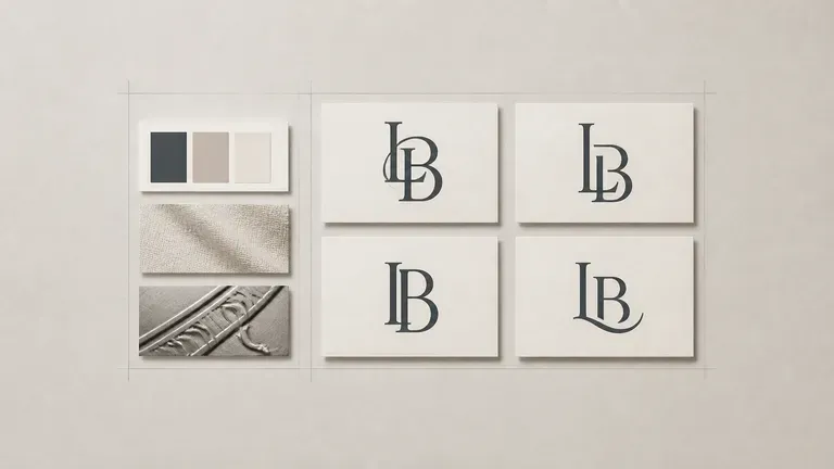 Monogram directions arranged on a canvas beside their colour and texture references