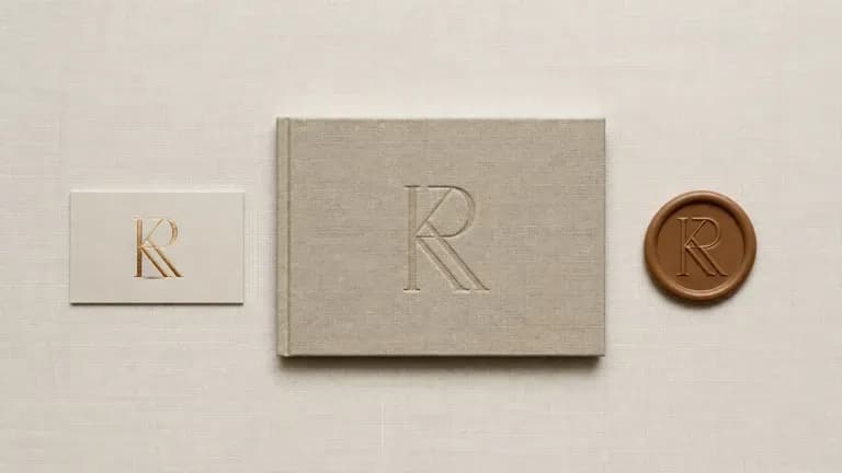 One personal monogram applied across a card, a portfolio cover and a stamped seal