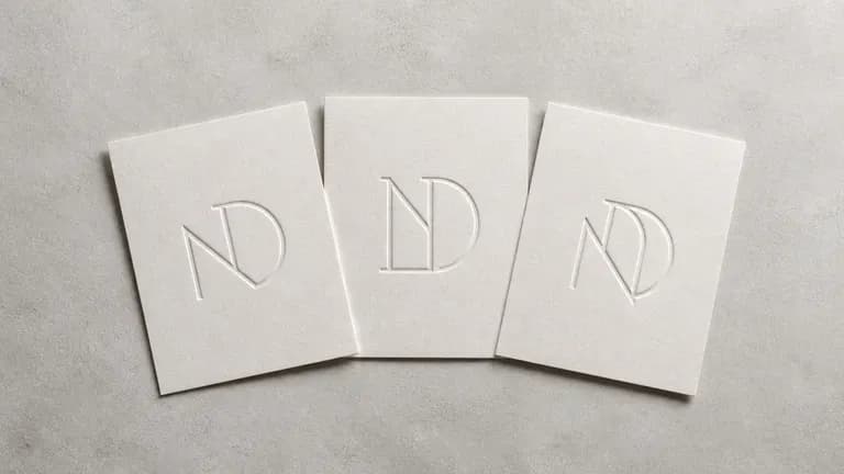Three early monogram directions for a new studio identity shown on stacked cards
