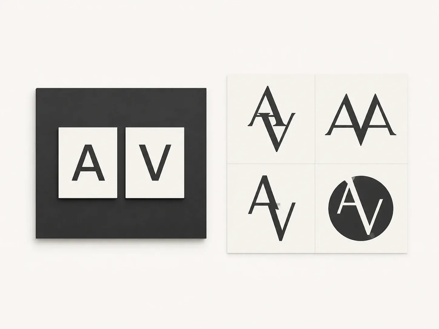 Two initials on the left and four original monogram directions built from them on the right