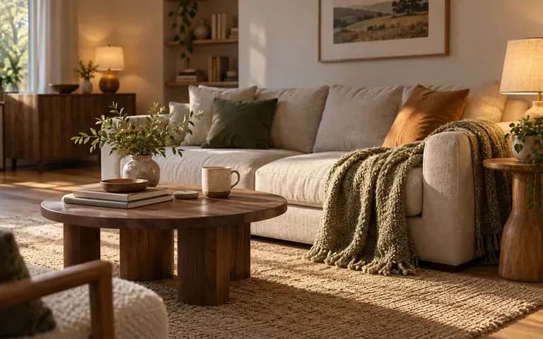 A cozy interior with warm lamps and a sofa