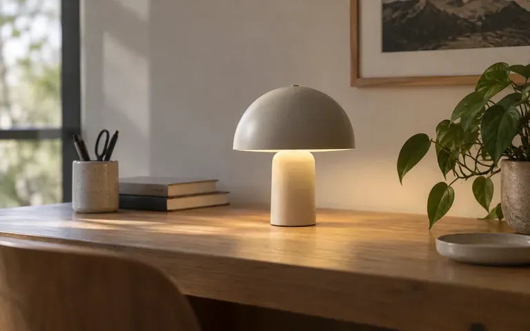 A compact dome table lamp on an uncluttered wooden desk, photographic concept