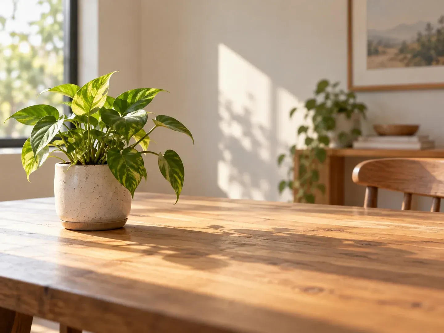 A small leafy plant placed on the left side of a sunlit wooden table