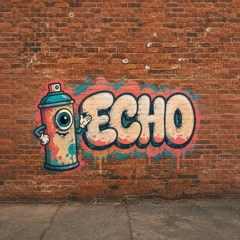A close-up of a character-led graffiti piece incorporating the word ECHO