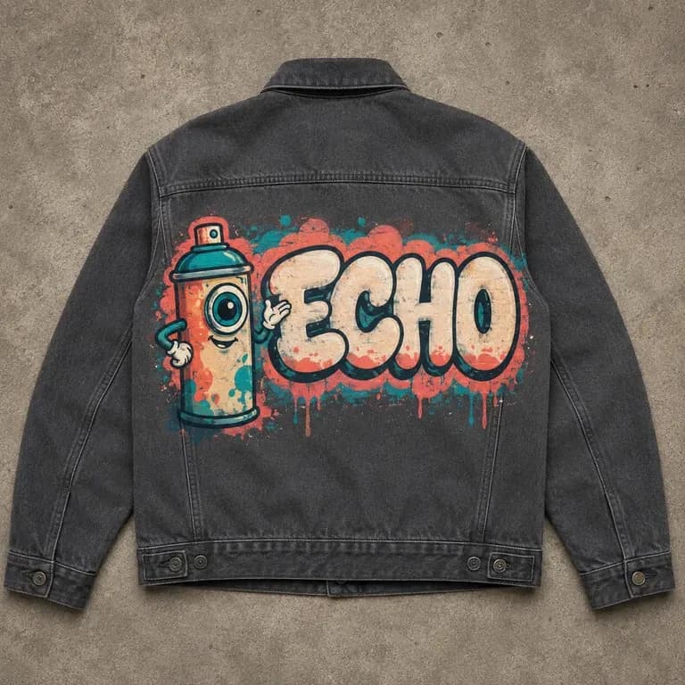 A close-up of a graffiti graphic printed on a jacket