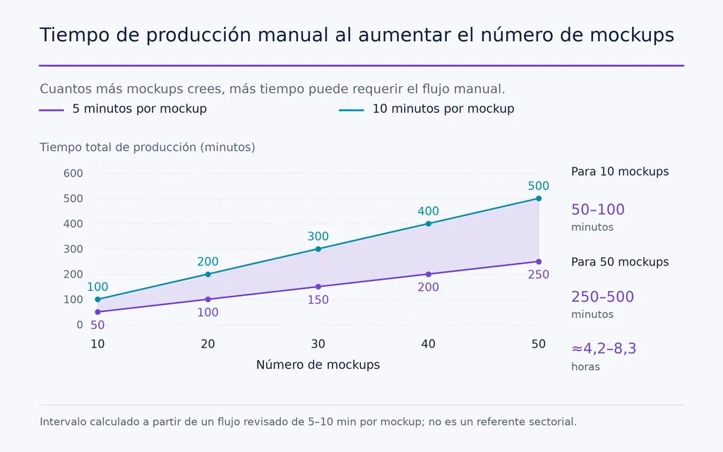Tiempo de producción manual al aumentar el número de mockups