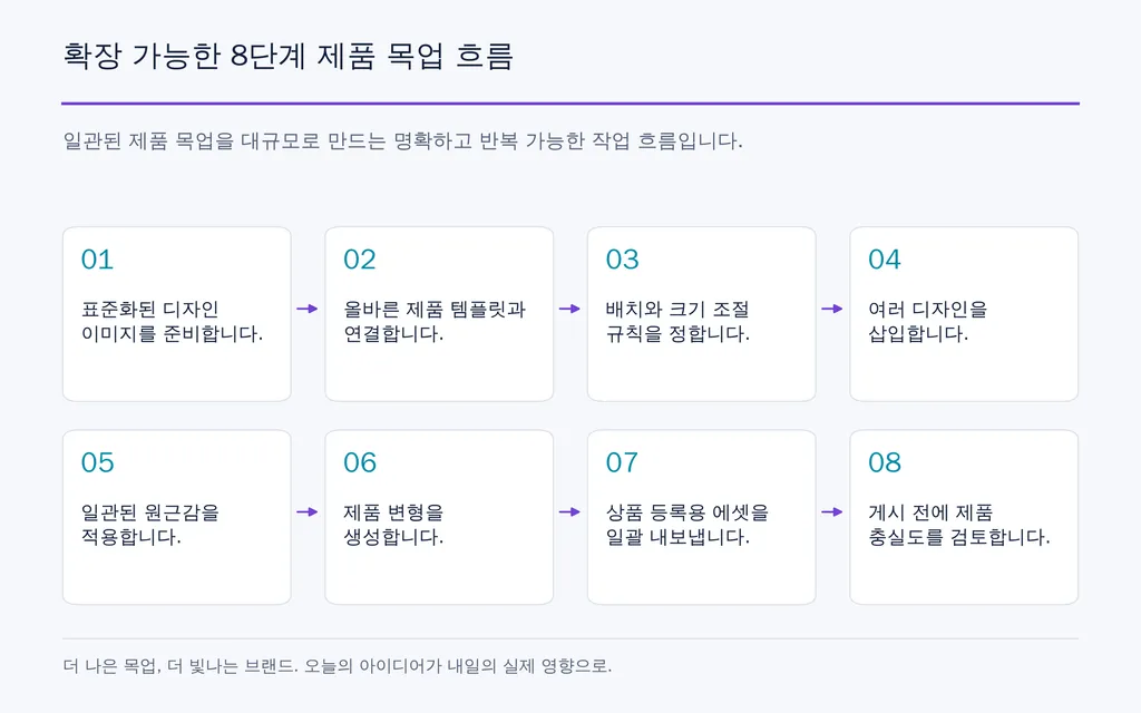 확장 가능한 8단계 제품 목업 흐름