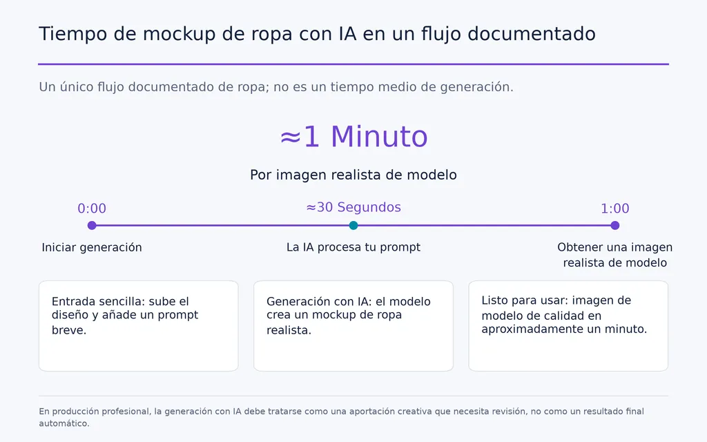 Tiempo de mockup de ropa con IA en un flujo documentado