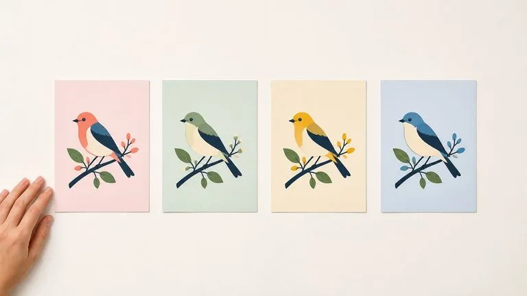 Four colour options of one illustration laid out on a board for review