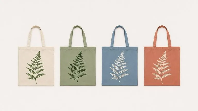 One printed design shown on four differently coloured tote bags
