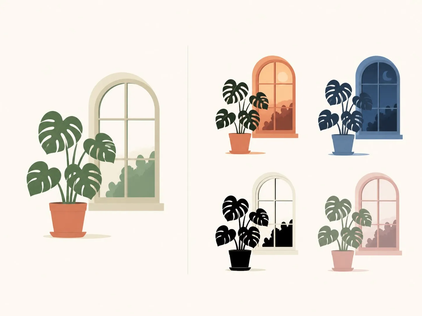 One flat illustration on the left and four clearly different colour variants of it on the right