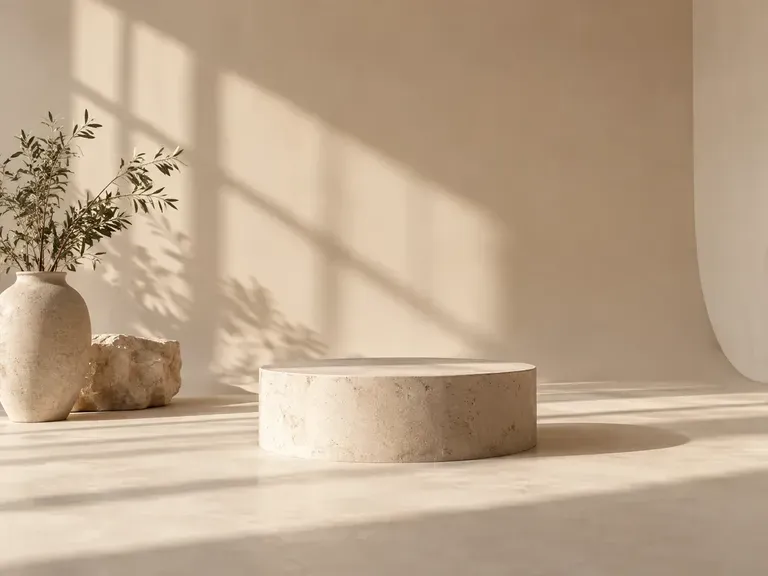 An empty cream studio backdrop with a low plinth