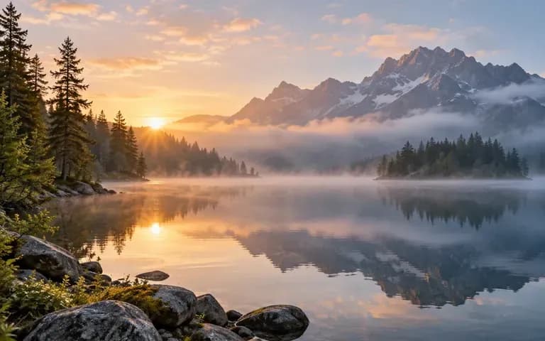 A misty mountain lake